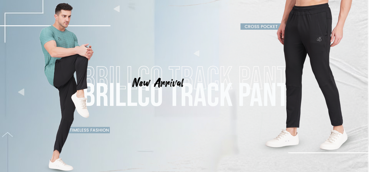 Two people wearing black track pants with text about new arrival and brand on a light gray background.