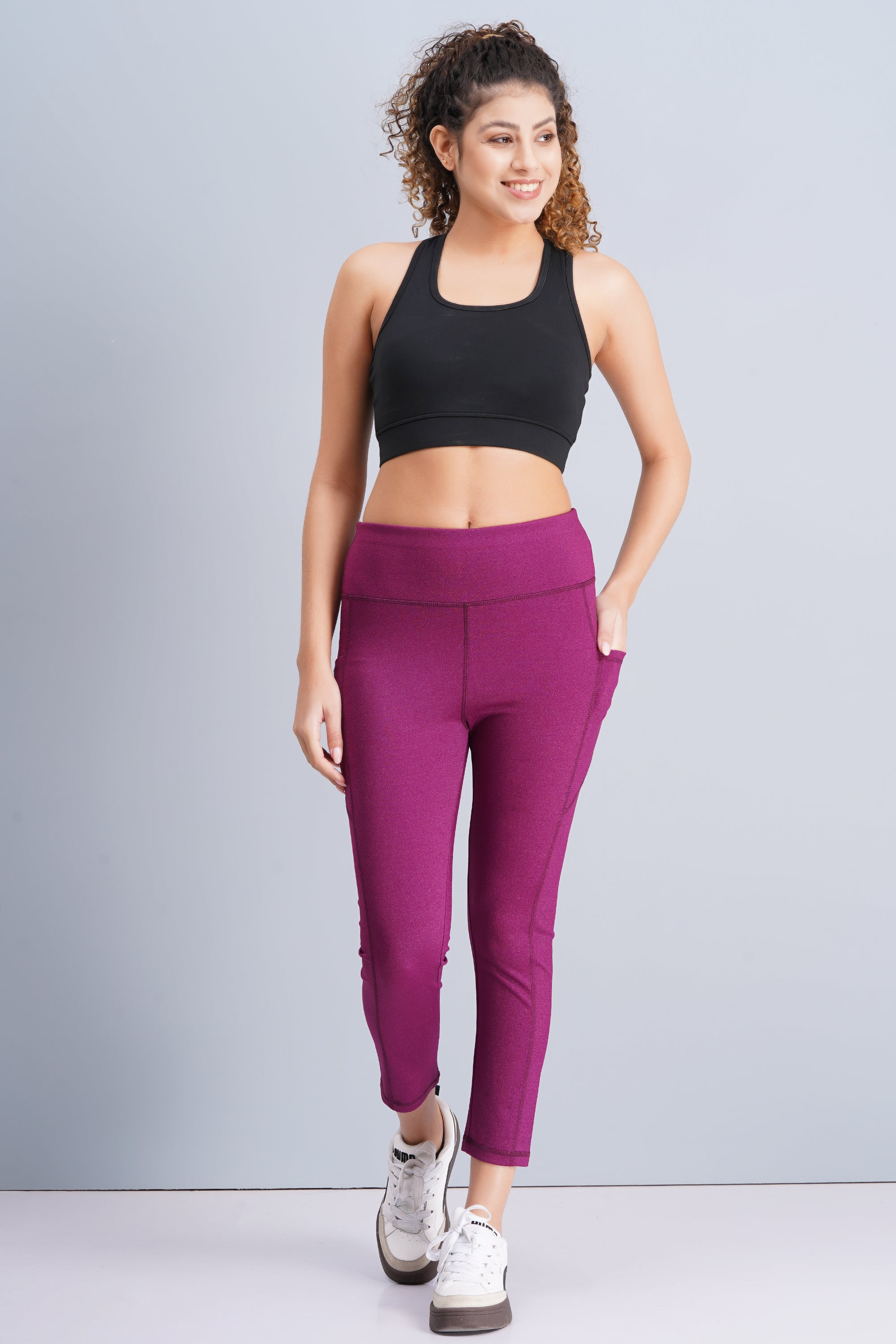 High-Rise Ankle-Length Tights with D Pocket - Wine Pink