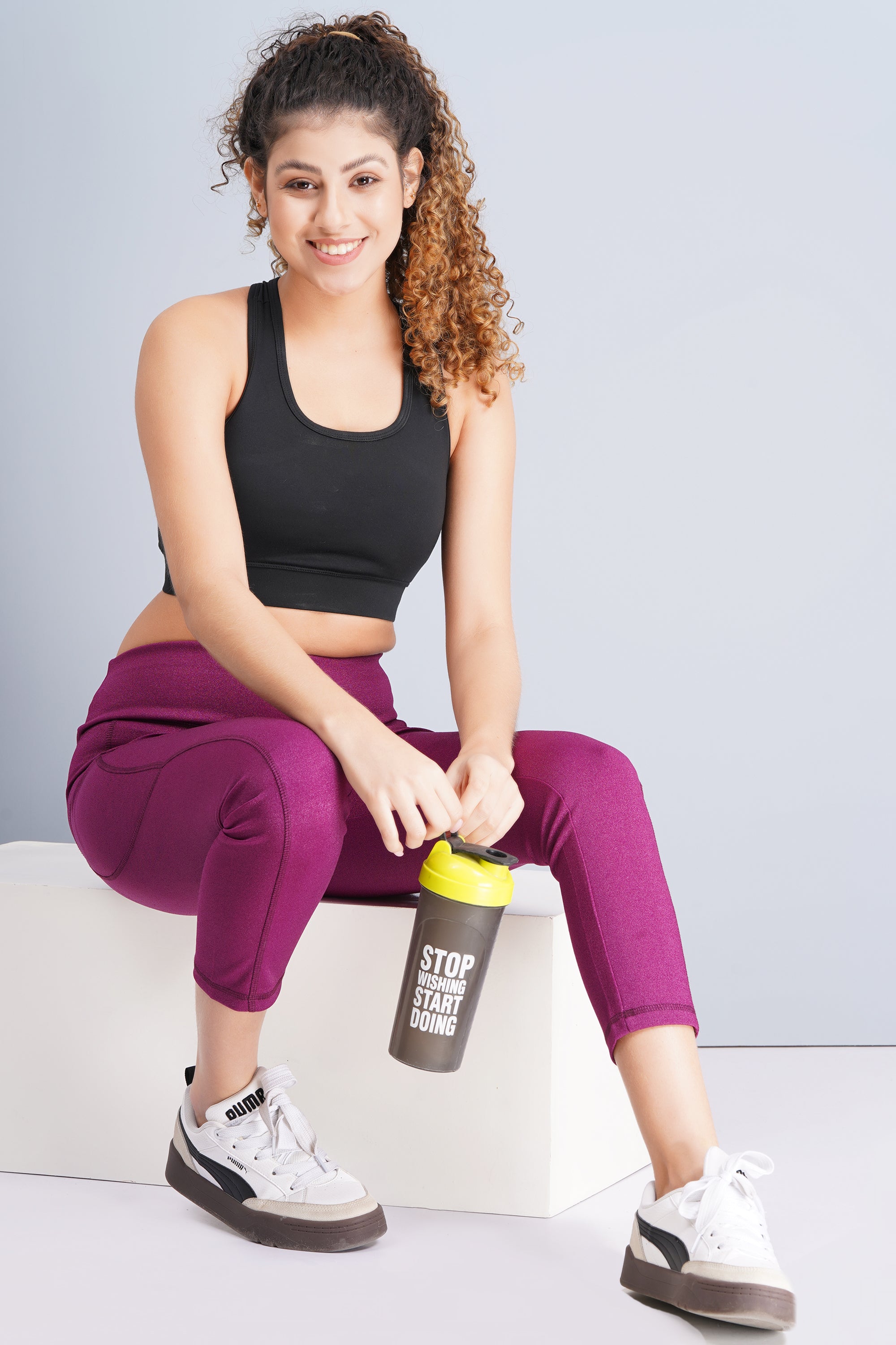 High-Rise Ankle-Length Tights with D Pocket - Wine Pink