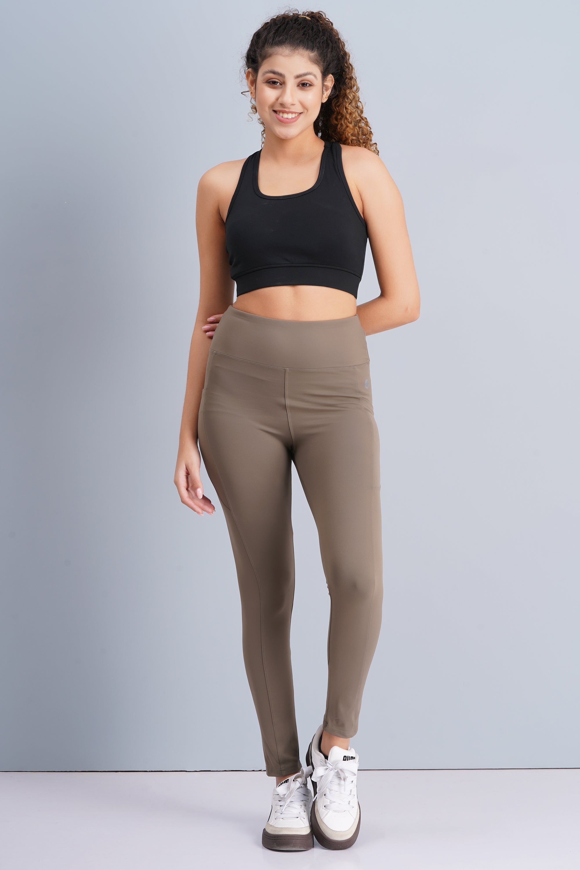 High-Rise Ankle-Length Tights with D Pocket - Camel