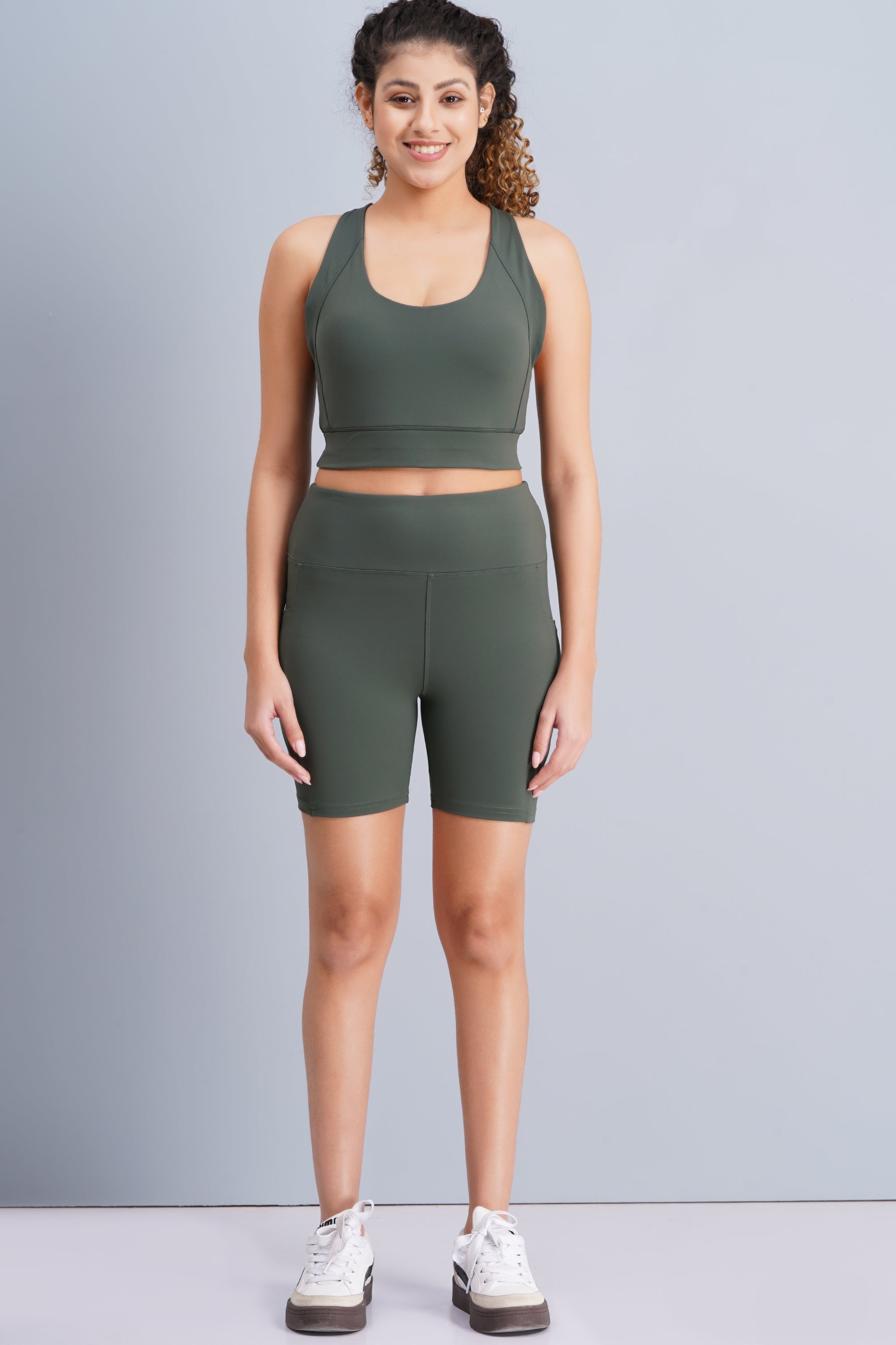 Solid Women Brown compression Gym Shorts with D pocket - Olive Green