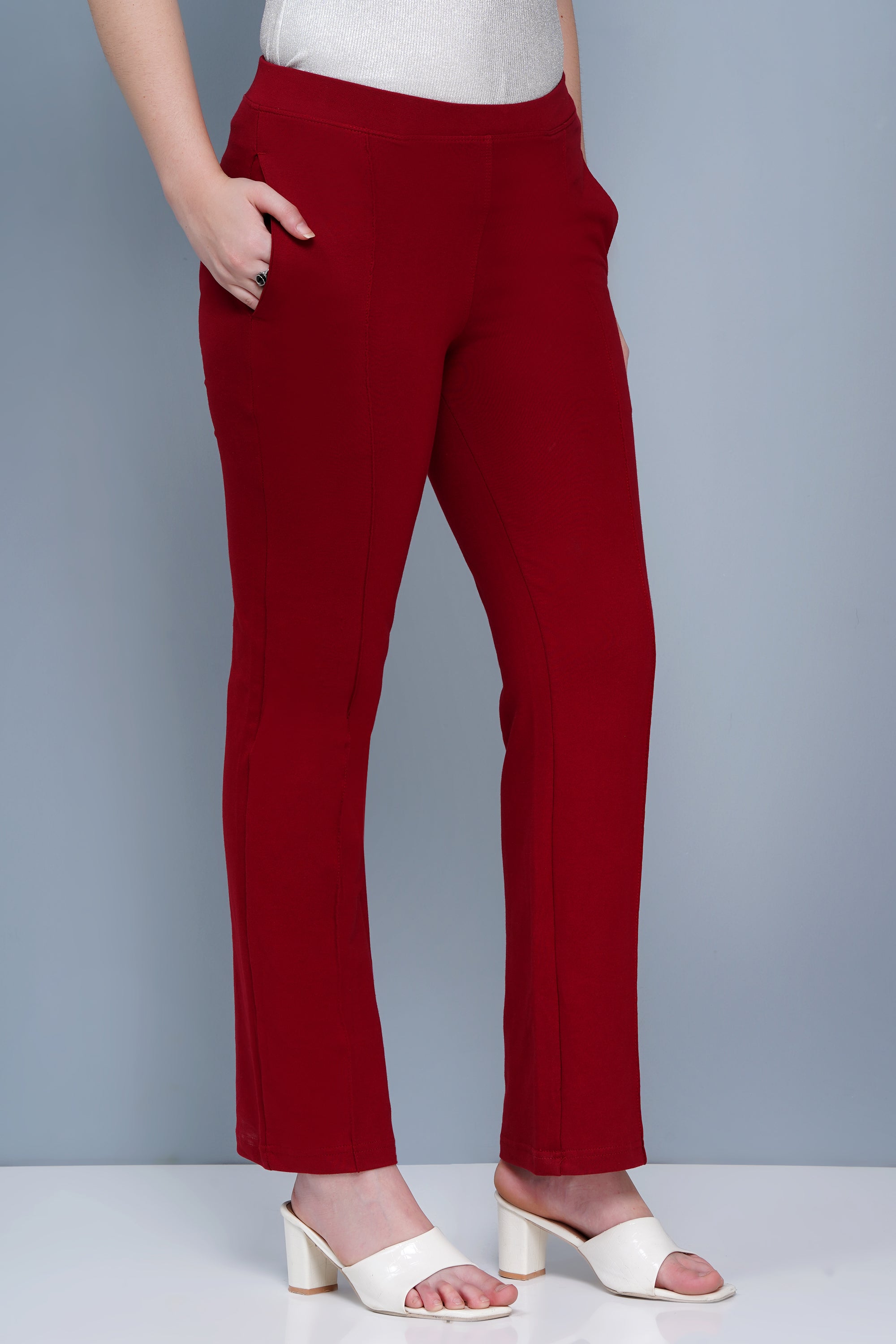 Women’s Cotton Pintuck Extra Flare Fit Trousers - Muted Maroon