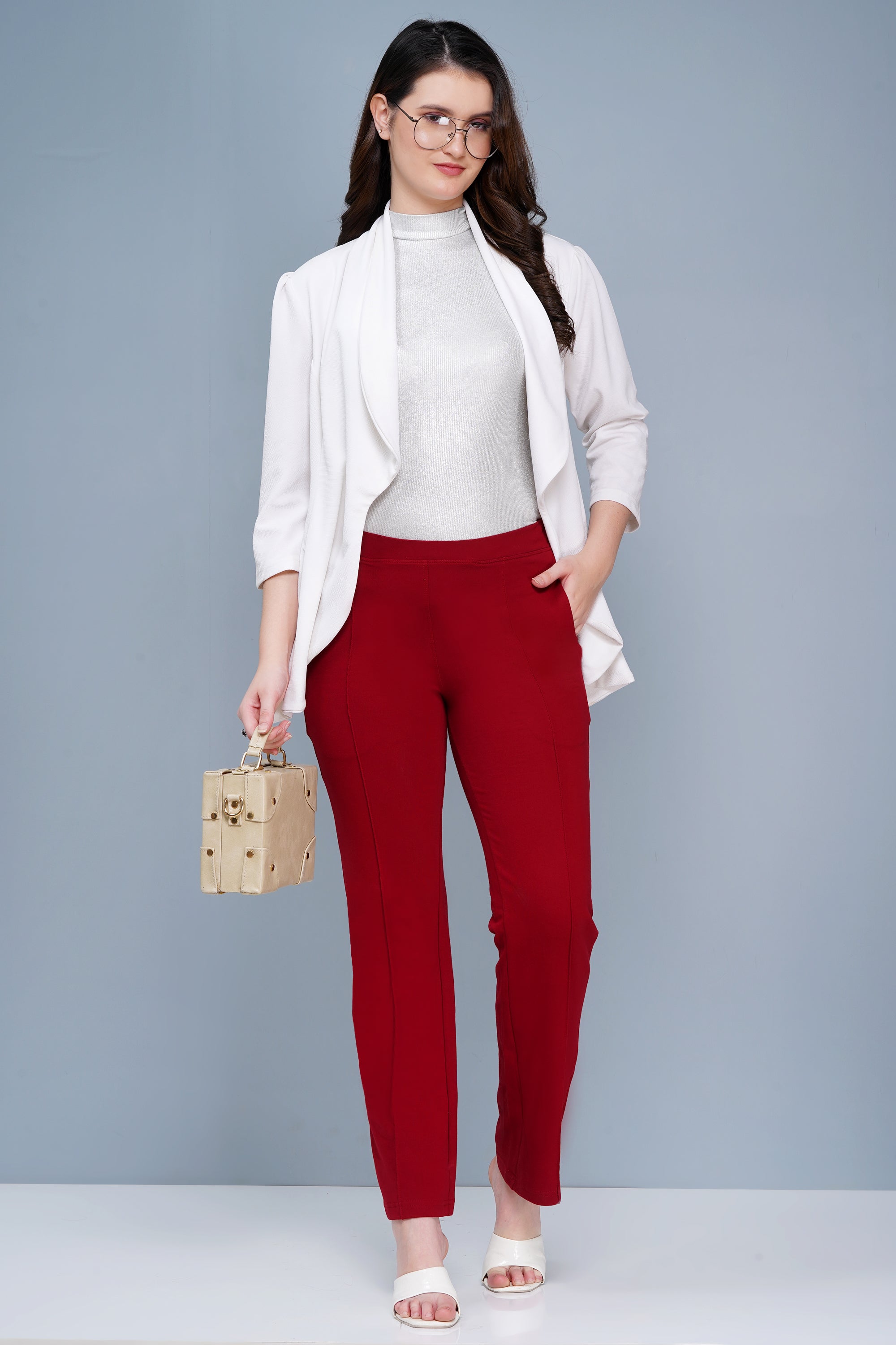 Women’s Cotton Pintuck Extra Flare Fit Trousers - Muted Maroon