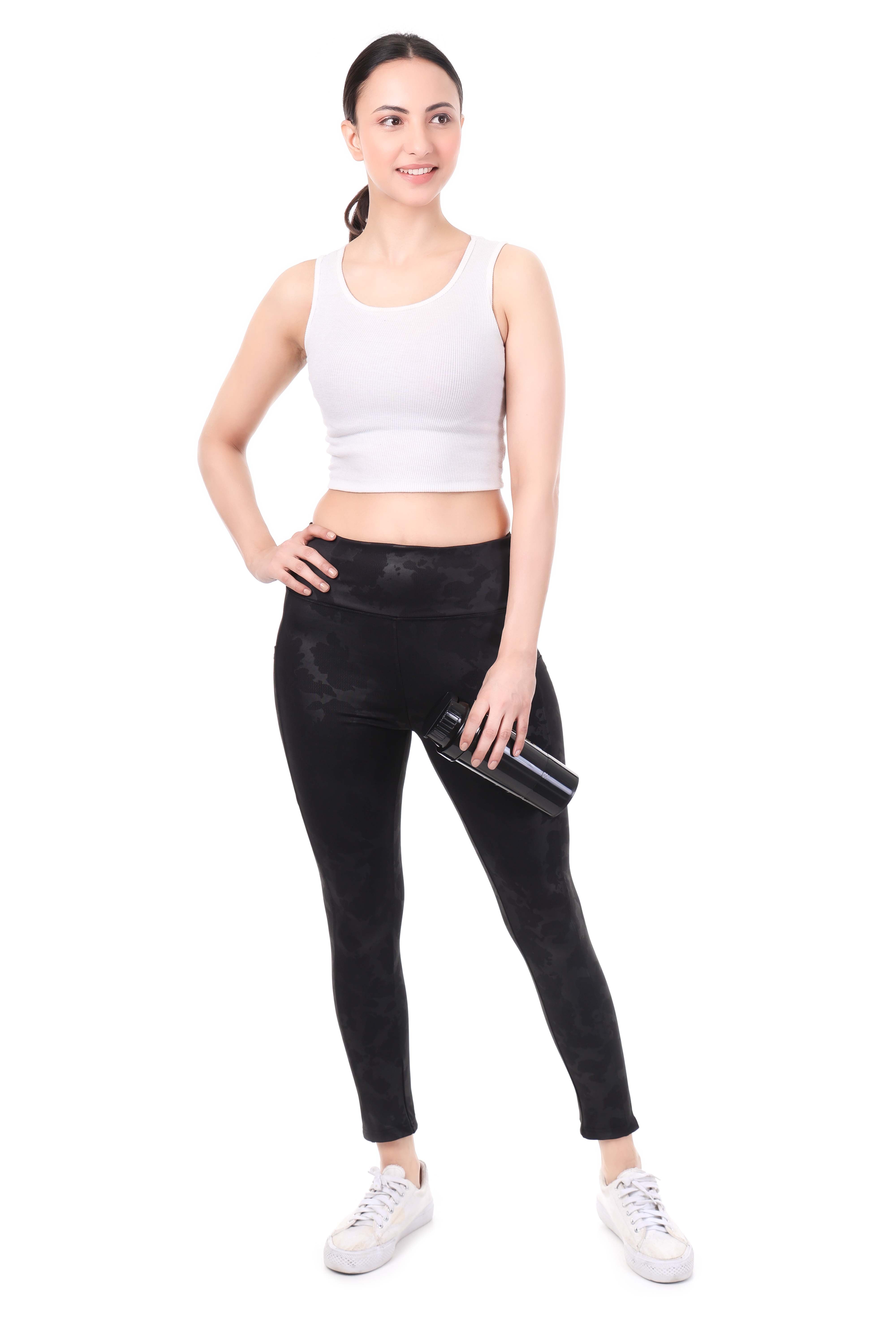 High-Rise Ankle-Length Tights with D Pocket - Black Texture