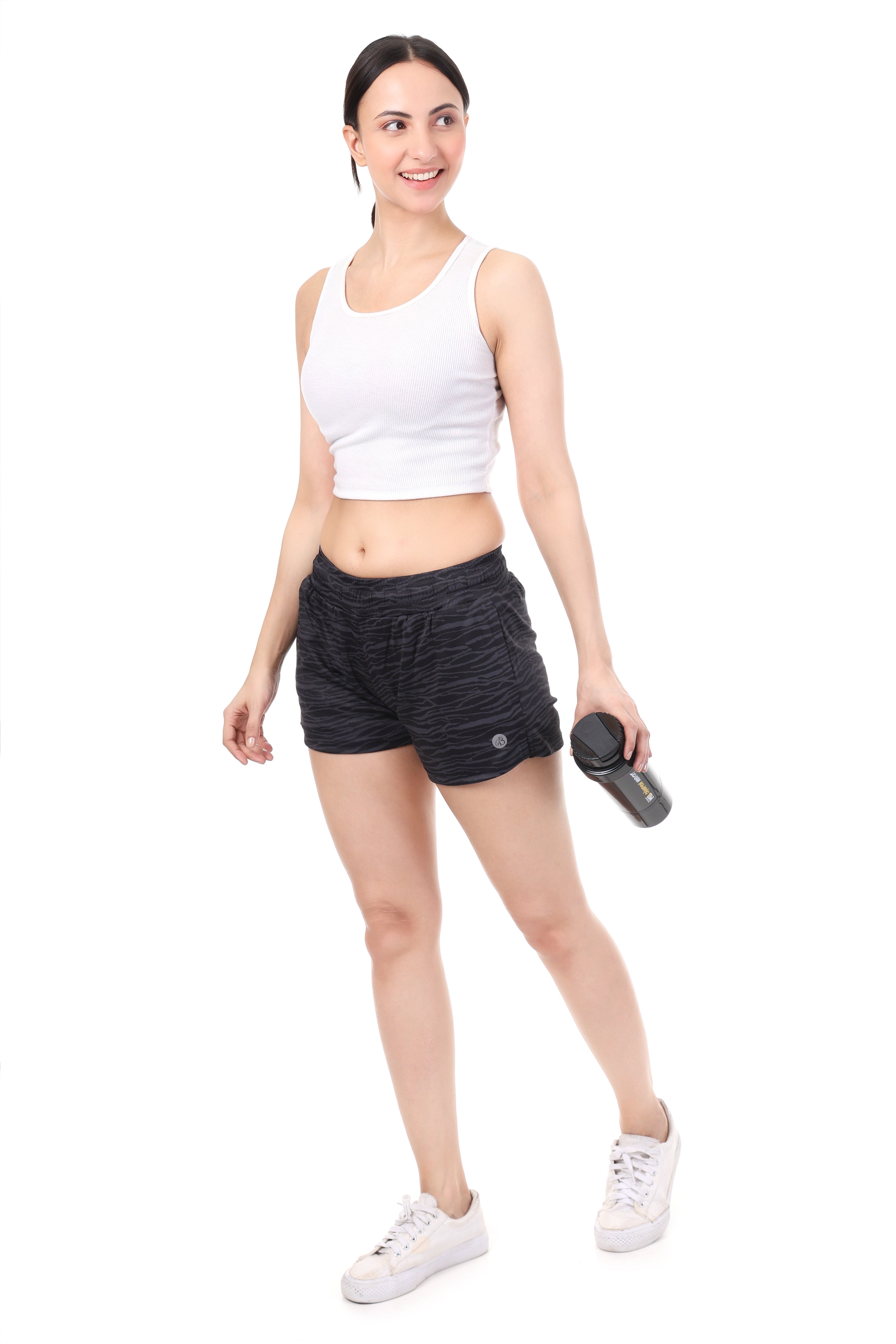 WildStride Women’s Black Animal Print Active Shorts | Lightweight Gym & Running Shorts with Pockets - Onyx Black