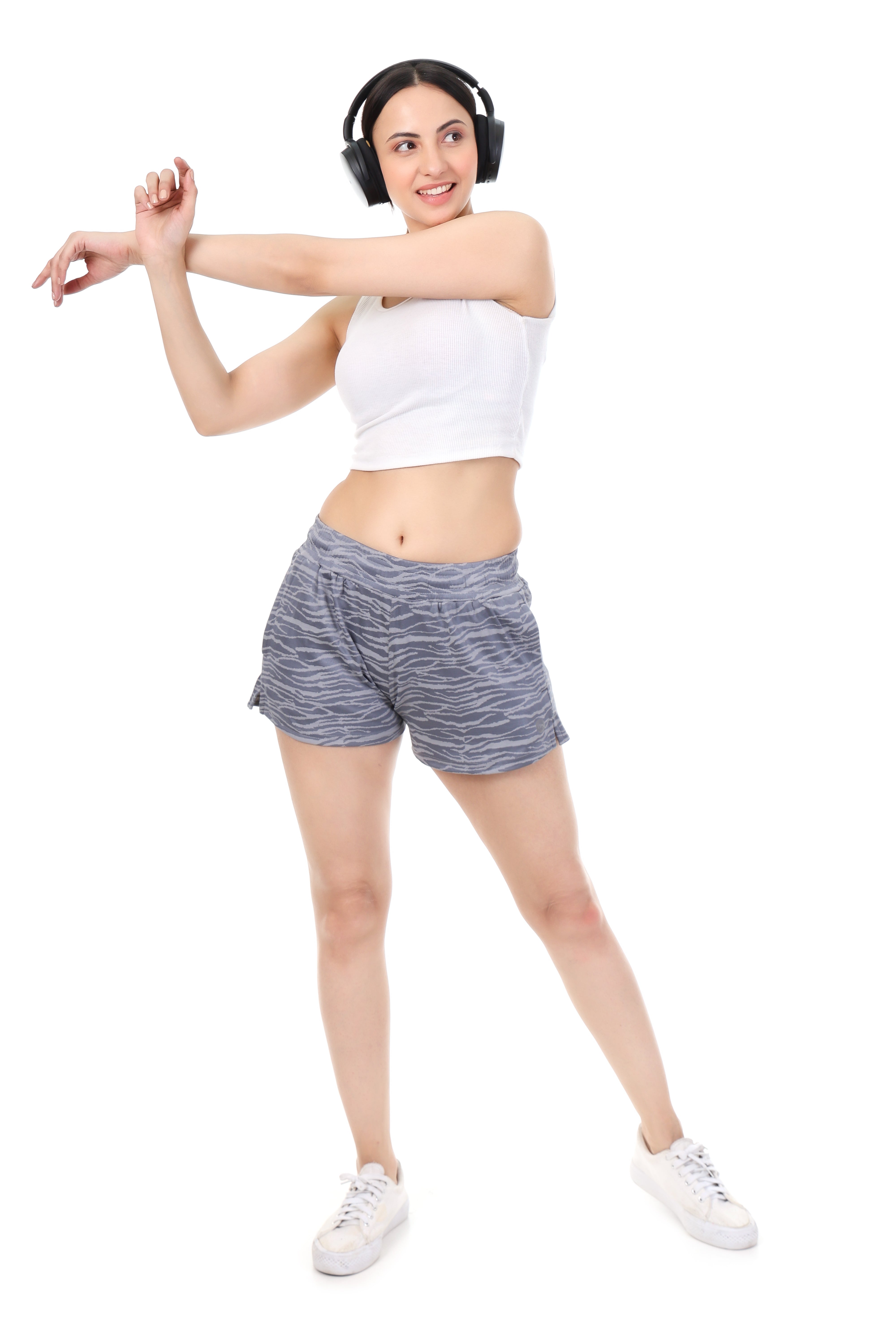 WildStride Women’s Black Animal Print Active Shorts | Lightweight Gym & Running Shorts with Pockets - Silver Mist Grey