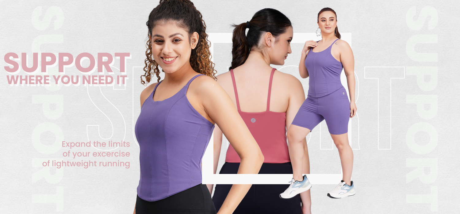 Woman wearing a purple athletic outfit with text about support and exercise.